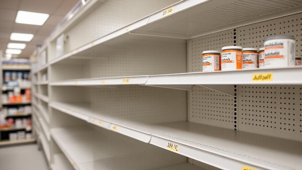 A close-up of empty pharmacy shelves where Adderall is typically stocked, highlighting the ongoing medication shortage in 2023.