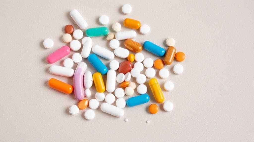 A collection of various pills and capsules scattered on a neutral background, symbolizing medications to be cautious of when using Wegovy.