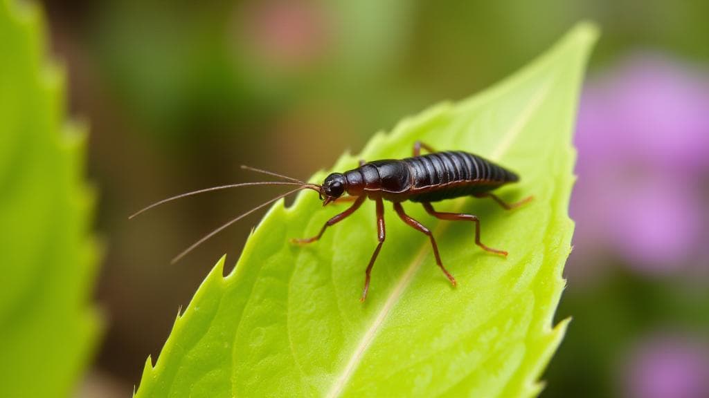 A close-up image of an earwig perched on a vibrant green leaf, highlighting its distinctive pincers against a blurred garden background.