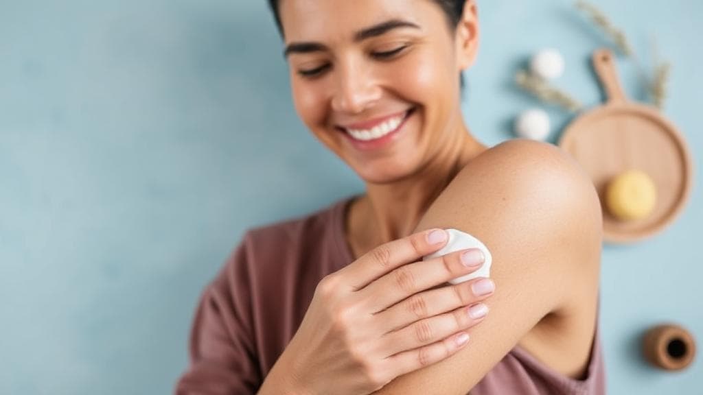 A calm, smiling person gently applying moisturizer to their arm, with soothing blue tones and natural elements in the background, symbolizing relief and effective eczema management.