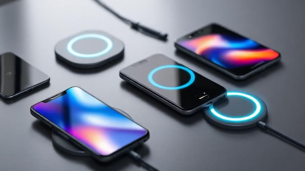 A sleek arrangement of modern smartphones and wireless charging pads glowing with energy, highlighting speed and convenience.