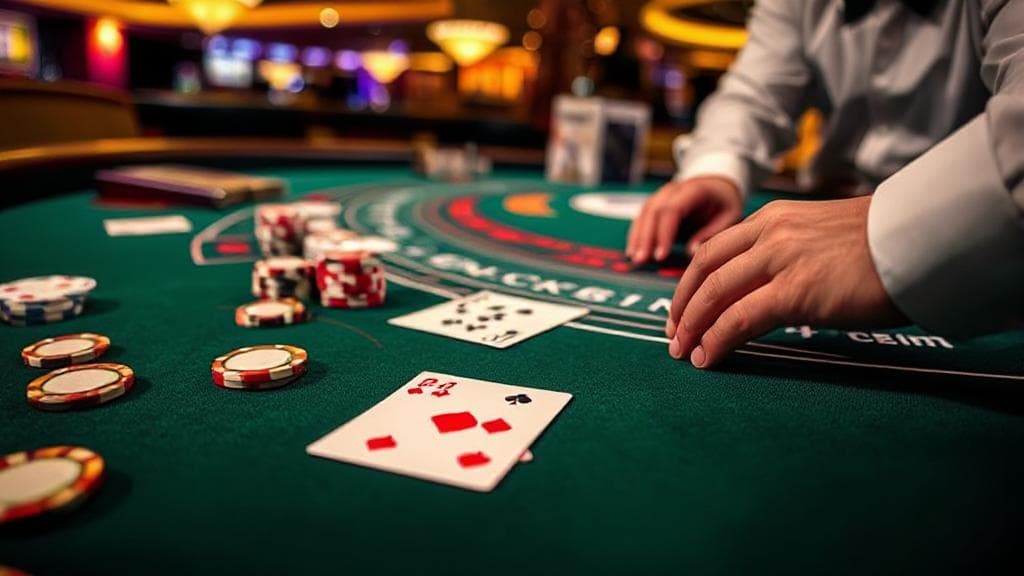 A vibrant casino scene featuring a close-up of a blackjack table with cards, chips, and a dealer's hand in motion.
