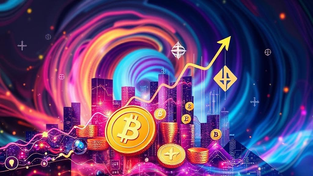 A dynamic digital collage of rising cryptocurrency graphs and futuristic blockchain symbols set against a backdrop of vibrant, swirling colors.