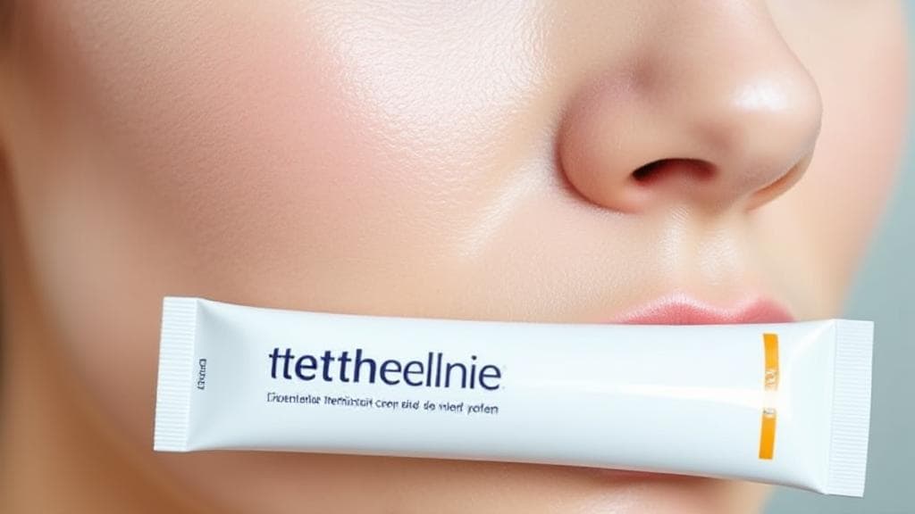 A close-up image of a smooth, glowing face with a tube of tretinoin cream in the foreground, symbolizing skincare benefits.