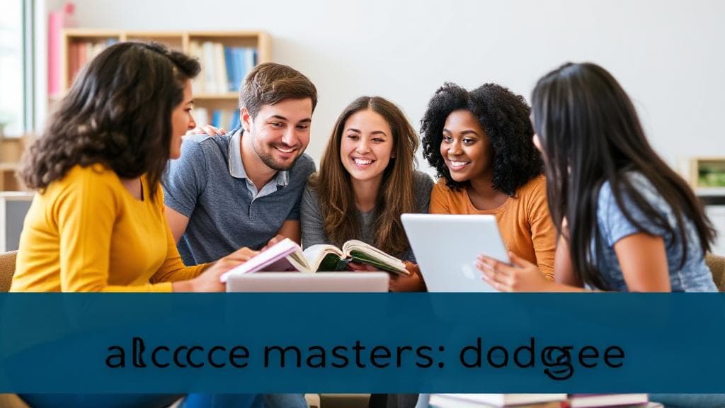 A diverse group of students engaged in a lively discussion, surrounded by books and laptops, symbolizing the decision-making process for selecting a master's degree.