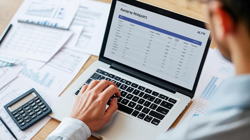 A person reviewing their credit report on a laptop, surrounded by financial documents and a calculator.