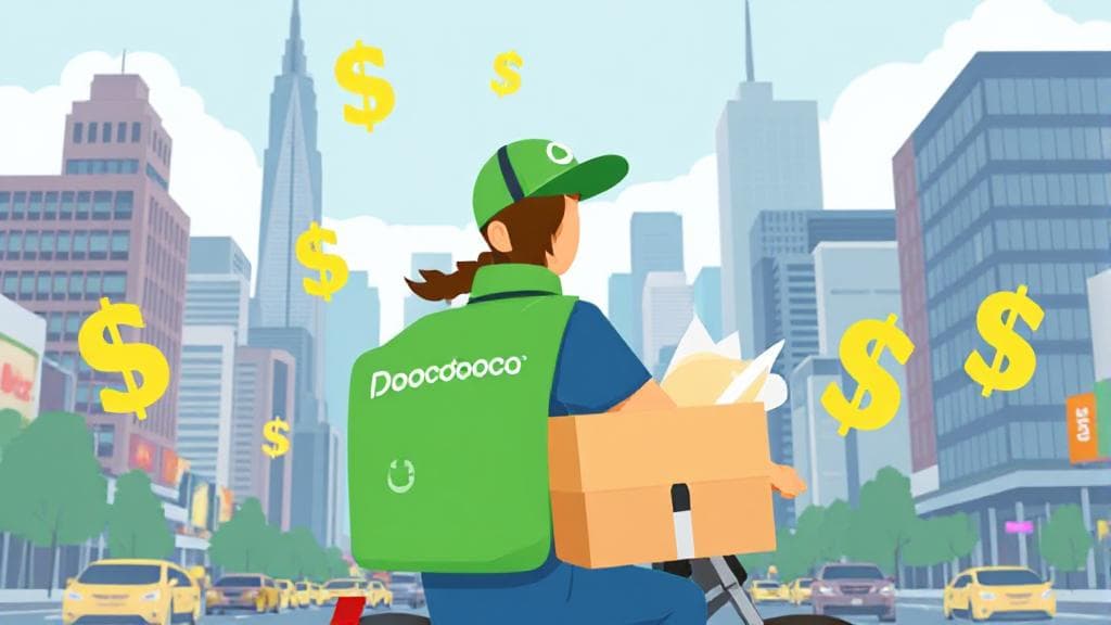 A DoorDash driver delivering food in a bustling cityscape, with dollar signs subtly integrated into the background.