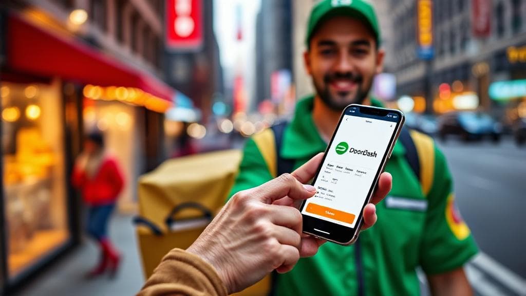 A vibrant image of a DoorDash delivery driver holding a smartphone with the DoorDash app open, set against a backdrop of a bustling city street.
