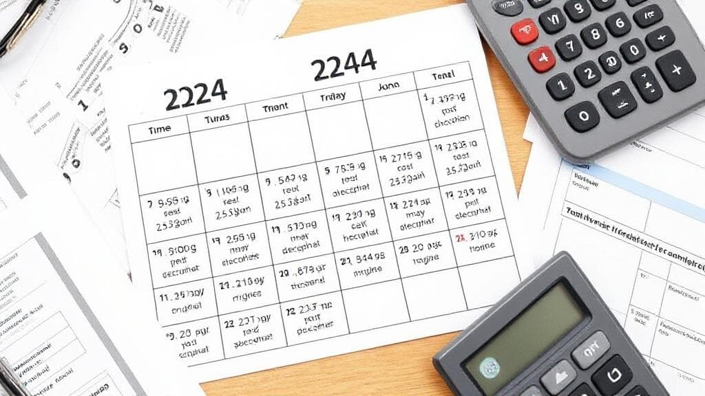 A calendar marked with key tax payment dates for 2024, surrounded by financial documents and a calculator.