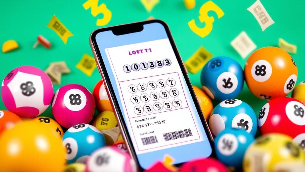 A vibrant image of a smartphone displaying a digital lottery ticket, surrounded by colorful lottery balls and currency symbols.