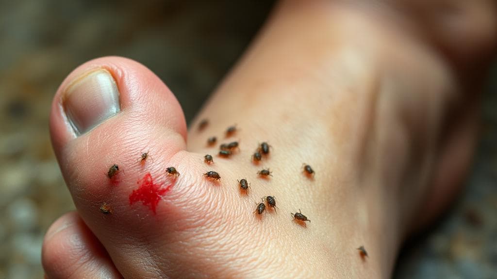 A close-up image of a human foot with visible jigger infestations, highlighting the affected skin and surrounding area.