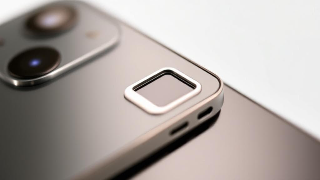 A sleek iPhone 15 with a focus on its edge, highlighting the absence of a SIM card slot.