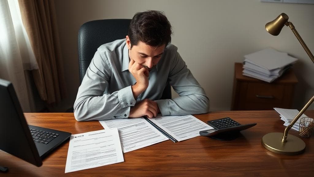 A contemplative person sitting at a desk with tax forms and a calculator, pondering tax obligations without employment income.