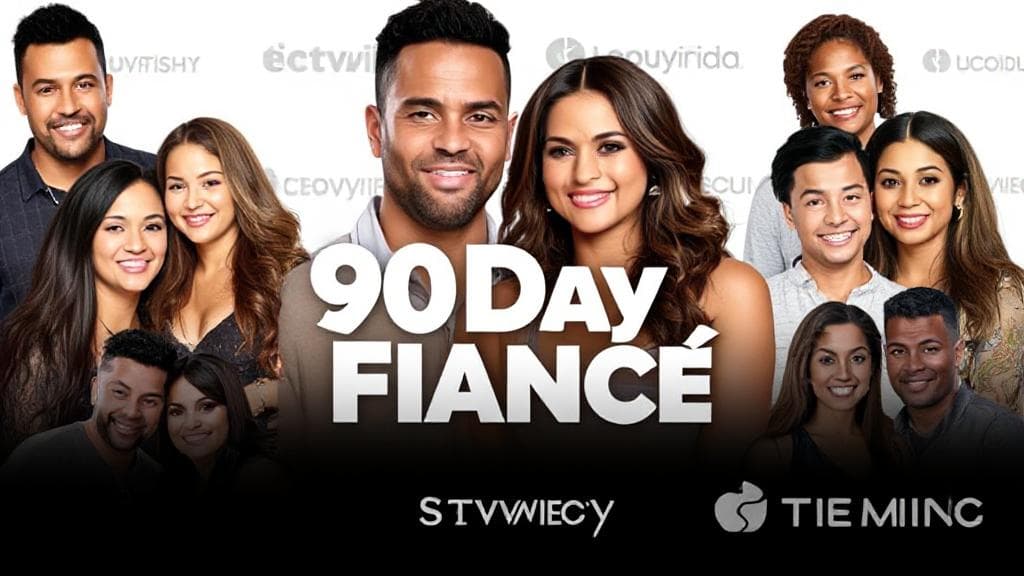 A collage of popular couples from "90 Day Fiancé" with streaming platform logos in the background.