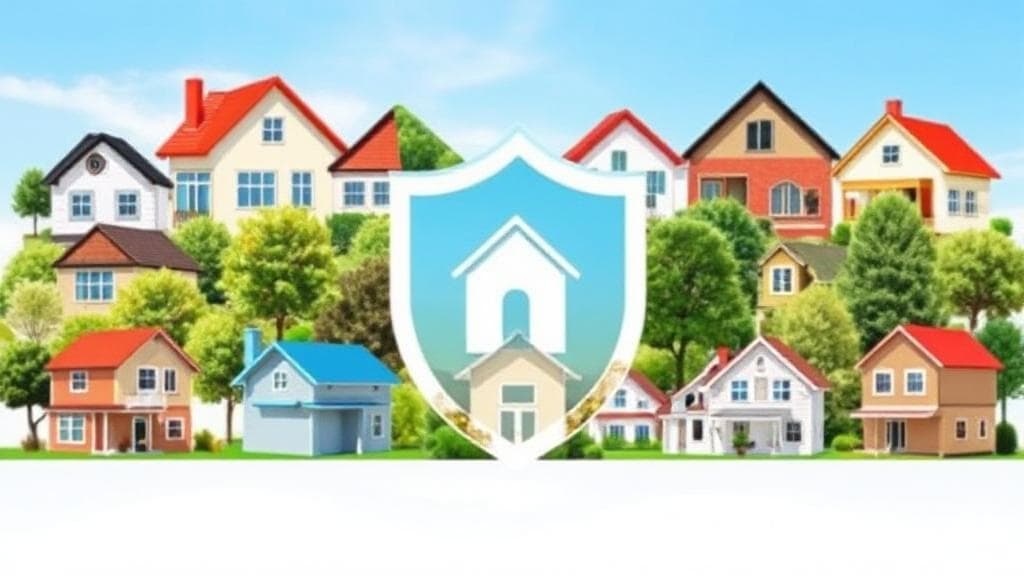 A collage of diverse homes with a shield overlay, symbolizing protection and security, set against a backdrop of a clear blue sky.