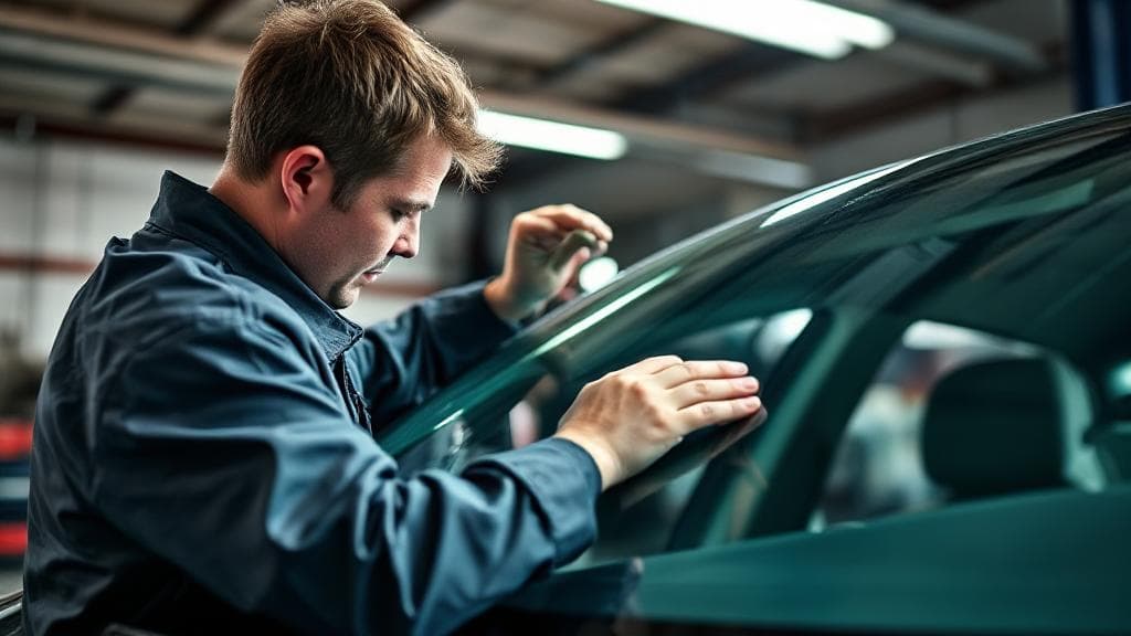 A close-up shot of a technician expertly installing a new windshield on a car in a well-lit garage.