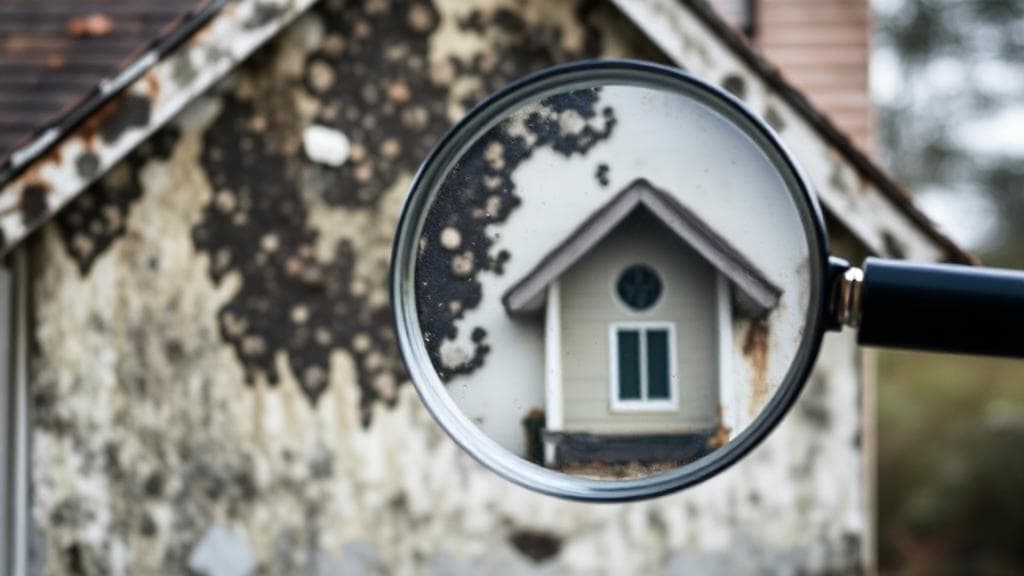 A close-up image of a house partially covered in mold, with a magnifying glass highlighting the affected area, symbolizing the scrutiny of mold coverage in home insurance policies.