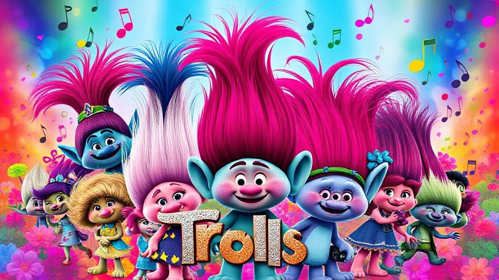 A vibrant collage of characters from the movie "Trolls" set against a colorful, musical backdrop.