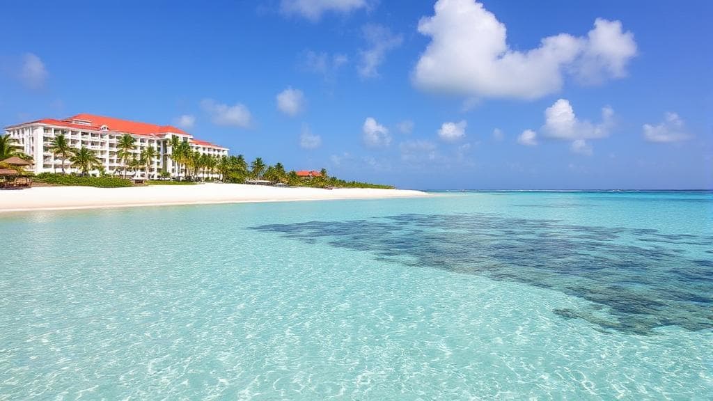 A picturesque beachfront view showcasing a luxurious Sandals resort, complete with crystal-clear waters and pristine white sand.