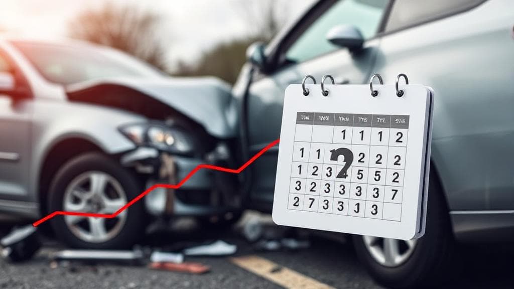 A car accident scene with a calendar overlay, symbolizing the impact duration on insurance rates.