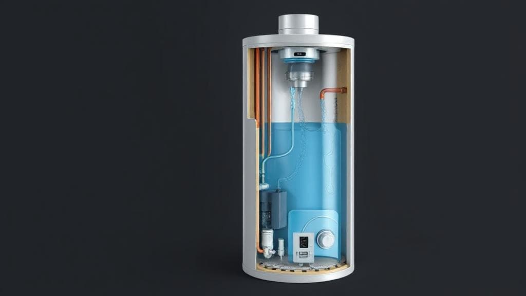 A cutaway illustration of a water heater showing internal components and water flow.