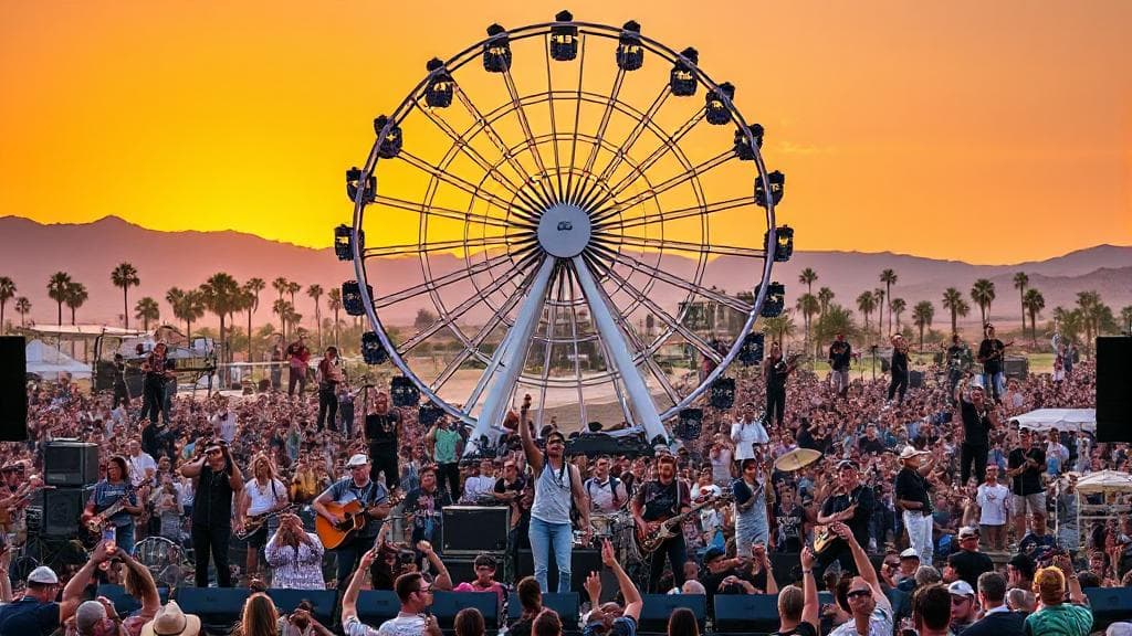 A vibrant collage of diverse musicians and bands performing energetically on stage, set against the iconic Coachella Ferris wheel and desert sunset backdrop.