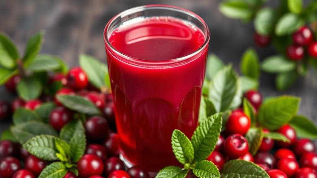 A vibrant image of a glass of cranberry juice surrounded by fresh cranberries and green leaves, symbolizing health and vitality.