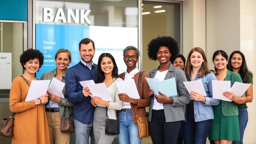 A diverse group of people standing in line at a bank, each holding documents and smiling, symbolizing the accessibility and readiness for opening a bank account.