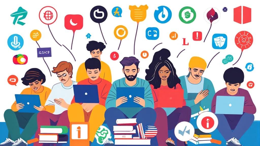 A vibrant header image featuring a diverse group of people engaged with laptops and coding books, surrounded by symbols of popular programming languages.