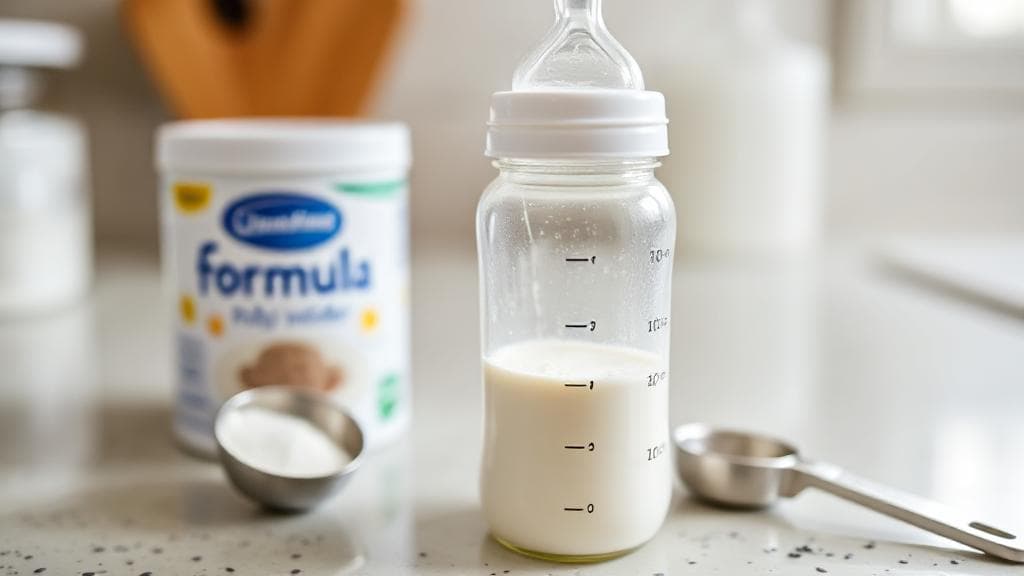 A close-up image of a baby bottle filled with prepared powdered formula, placed on a kitchen counter next to a container of formula powder and a measuring scoop.
