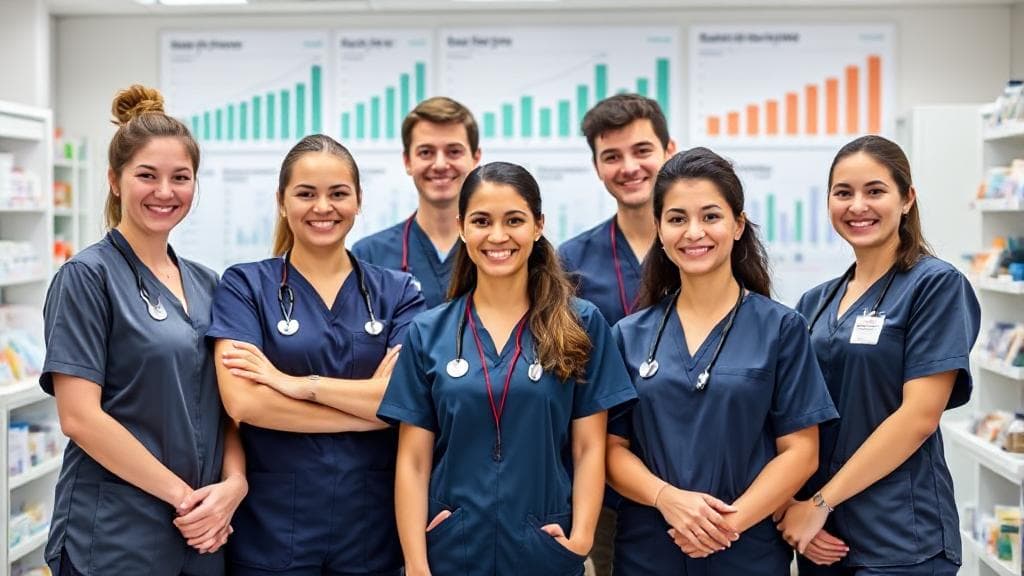 A diverse group of pharmacy technicians in uniform, smiling and standing in a modern pharmacy setting, with salary charts and graphs in the background.