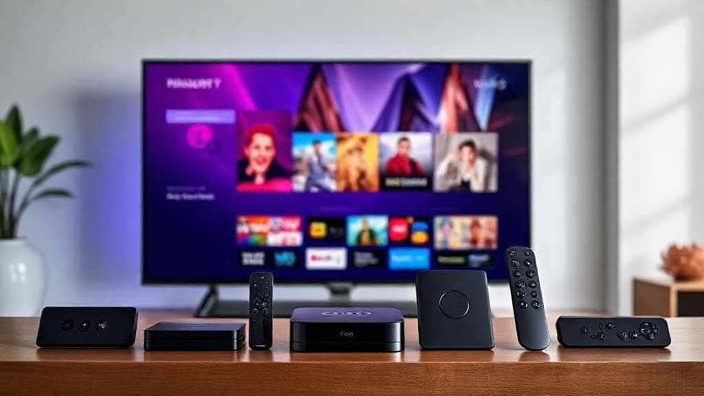 A sleek lineup of the latest streaming devices displayed in front of a modern TV, showcasing vibrant entertainment apps and futuristic home decor.