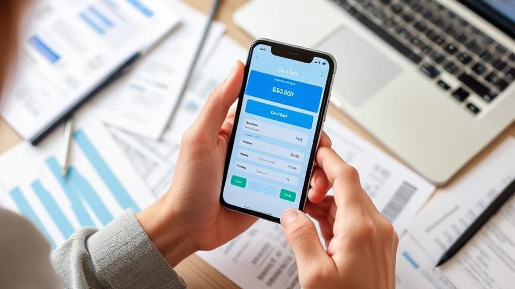 A person checking their credit score on a smartphone, surrounded by financial documents and a laptop.