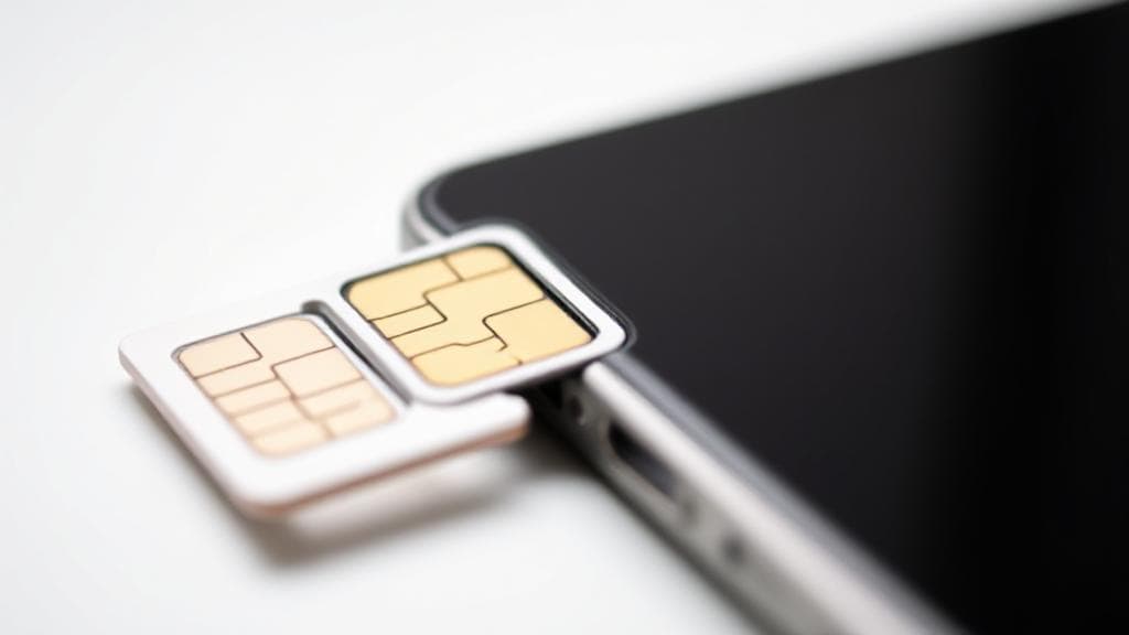 A close-up image of an iPhone with its SIM card tray partially ejected, displaying a SIM card next to the device.