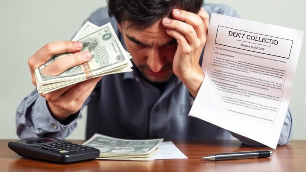 A tense scene depicting a person contemplating a stack of bills and a debt collection notice, with a calculator and pen nearby.