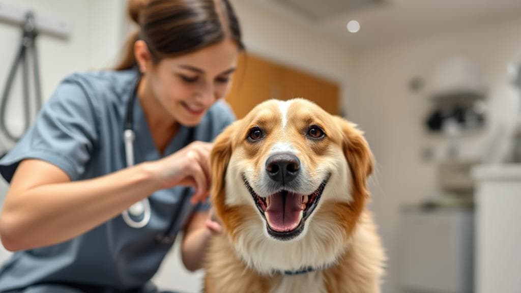 A professional veterinary technician gently examining a happy dog in a modern animal clinic setting.