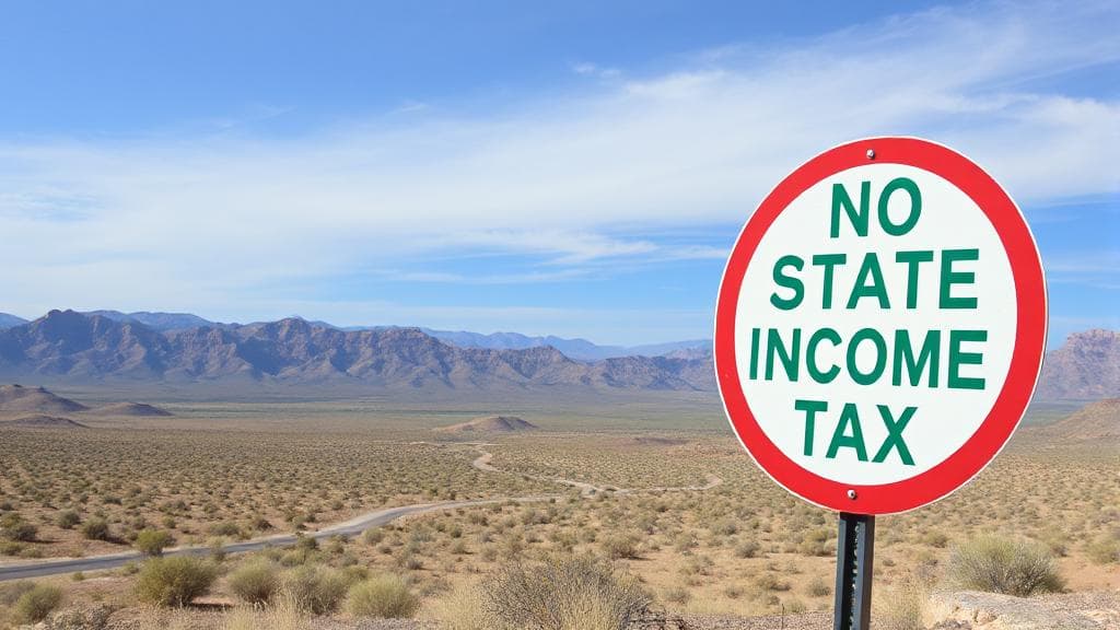 A scenic view of the Nevada landscape with a "No State Income Tax" sign prominently displayed.