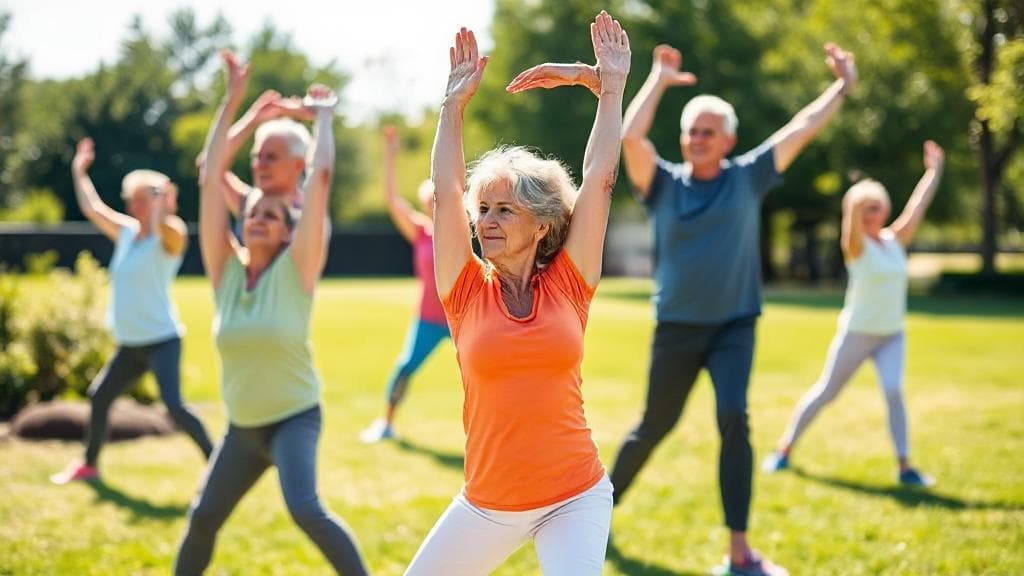 A vibrant image showing active people of different ages stretching and exercising outdoors, highlighting healthy, flexible joints.