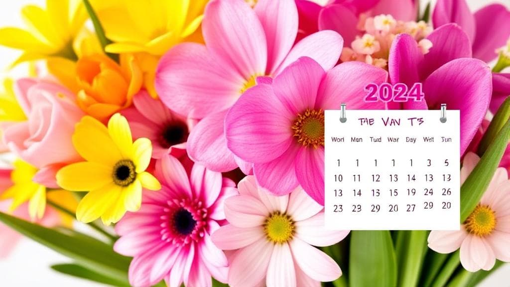 A vibrant bouquet of spring flowers with a calendar highlighting the date of Mother's Day 2024 in the USA.