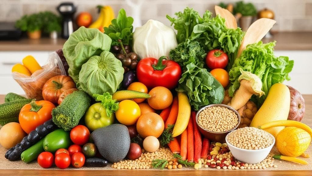 A colorful assortment of fresh fruits, vegetables, whole grains, and legumes arranged on a kitchen countertop.