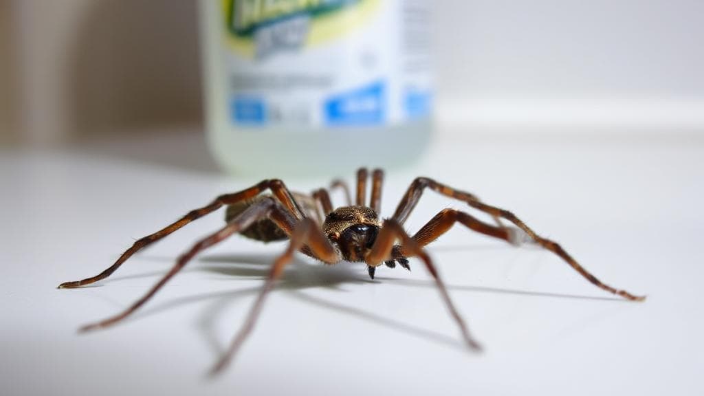 A close-up image of a spider on a white surface with a bottle of bleach in the background.