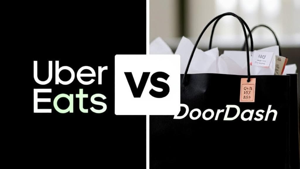 A split-screen image showing the Uber Eats and DoorDash logos with contrasting food delivery bags and price tags.