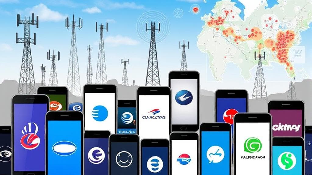 A diverse array of smartphones displaying various carrier logos, set against a backdrop of signal towers and network coverage maps.