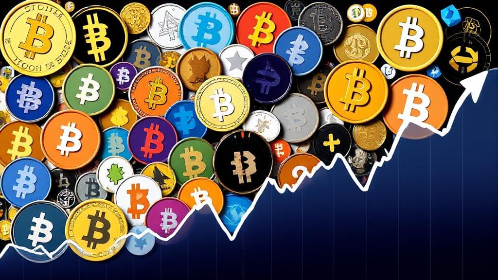 A dynamic collage of various cryptocurrency symbols and a fluctuating stock market graph, symbolizing the volatility and potential of crypto investments.