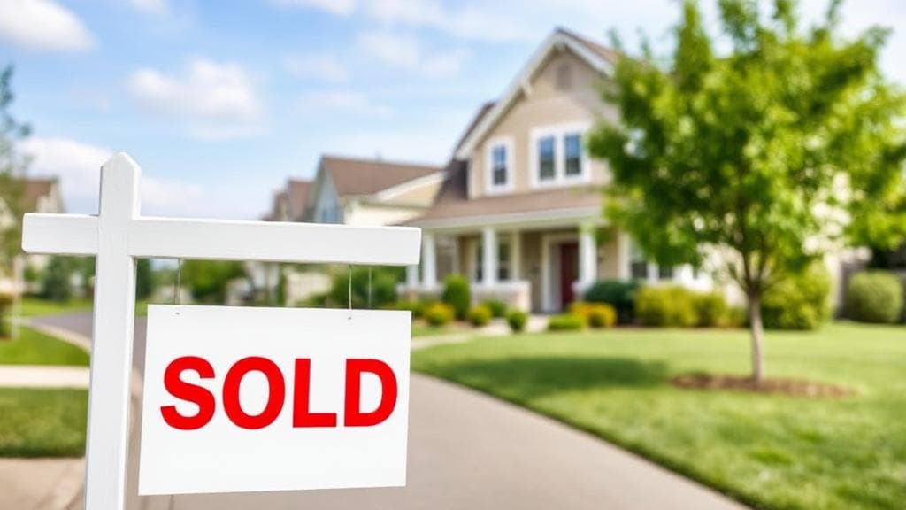 A serene suburban neighborhood with a "Sold" sign in front of a charming house, symbolizing the final steps before homeownership.
