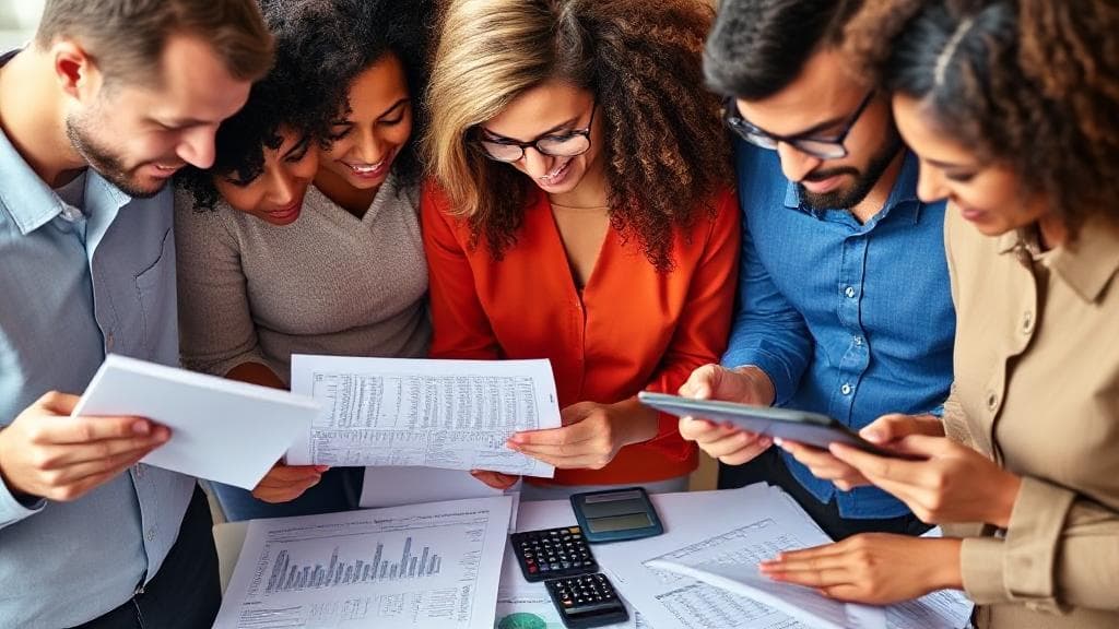 A diverse group of people examining financial documents and calculators, symbolizing the exploration of tax breaks.