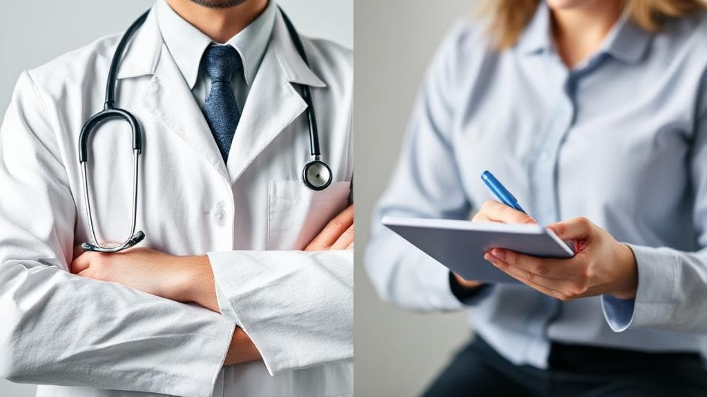 A split image depicting a psychiatrist with a stethoscope and a psychologist with a notepad, symbolizing their distinct roles in mental health care.