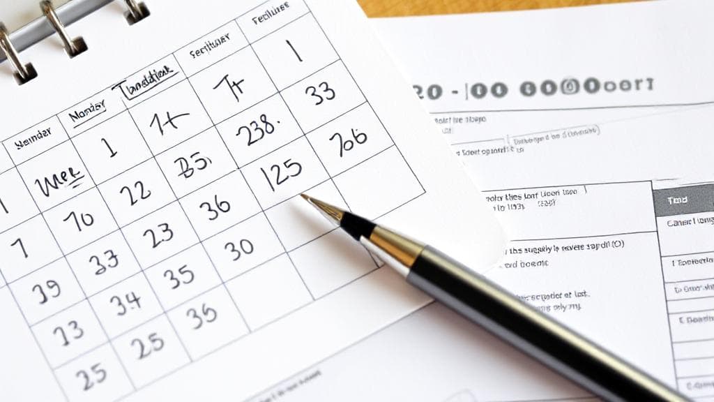 A calendar marked with important tax deadlines and a pen resting on a tax form.