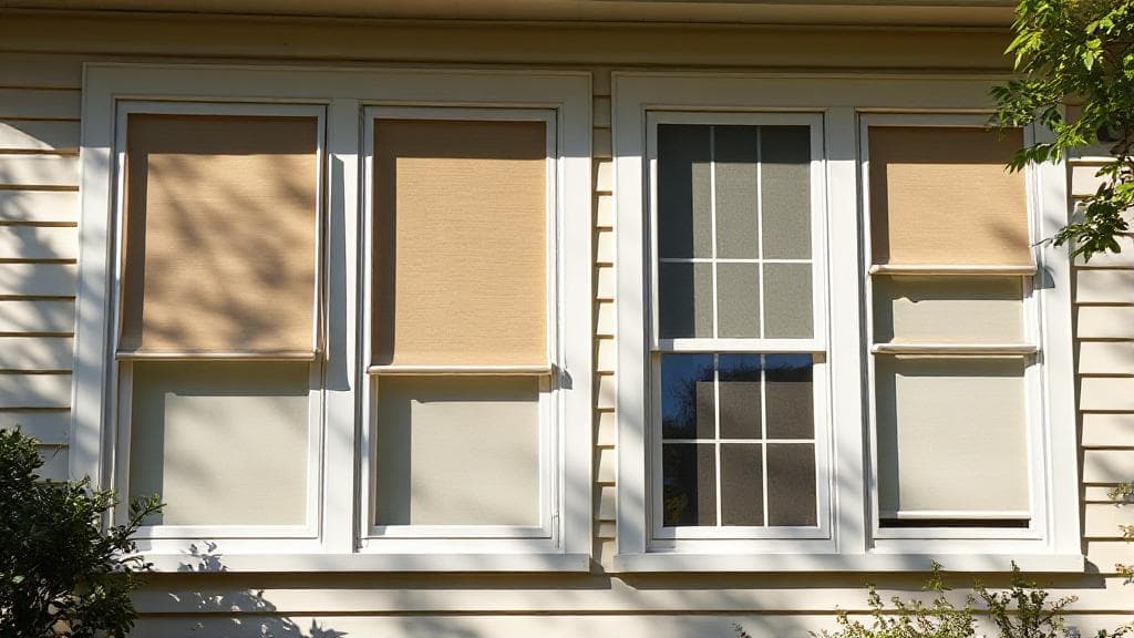 A sunlit home exterior showcasing various solar shade percentages on windows, illustrating energy efficiency and comfort.