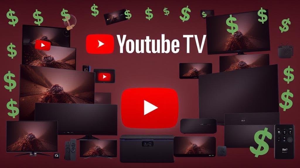 A dynamic collage of YouTube TV's logo, various streaming devices, and dollar signs, symbolizing the diverse pricing options and subscription plans.